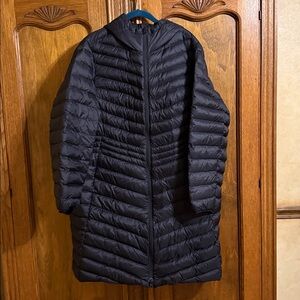 Lands' End Black, lightweight, packable, long down coat. 1X